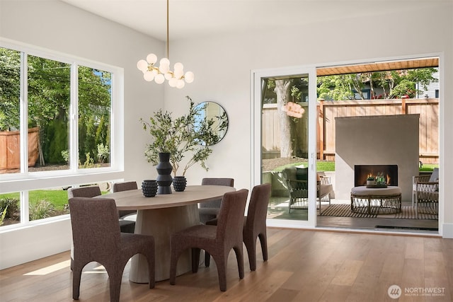 dining area featuring wood finished floors, a lit fireplace, and a chandelier