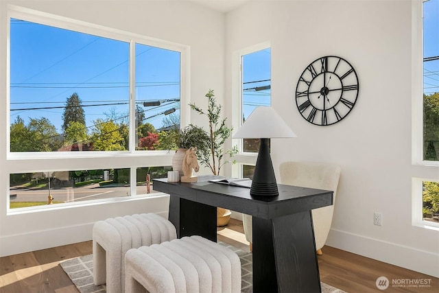 office space with baseboards, wood finished floors, and healthy amount of natural light