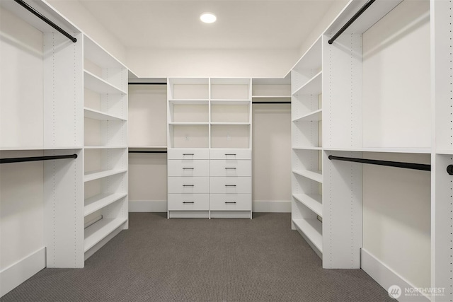 spacious closet featuring dark carpet