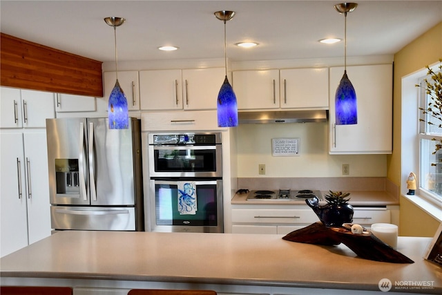 2426 Eastpoint Dr, Langley, WA 98260 - kitchen with appliances with stainless steel finishes, under cabinet range hood, white cabinetry, hanging light fixtures, and recessed lighting