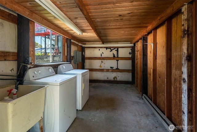 laundry area with laundry area, a sink, separate washer and dryer, a baseboard heating unit, and electric panel