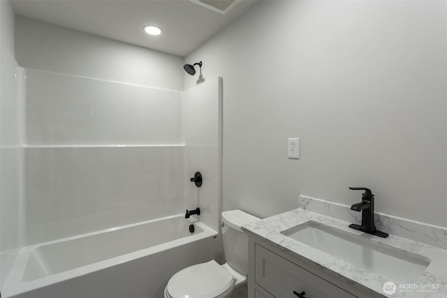 full bath featuring toilet, visible vents, shower / tub combination, and vanity