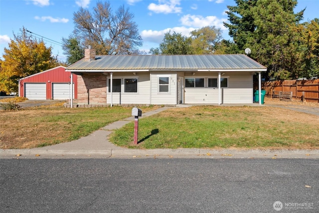 801 E Manitoba Ave, Ellensburg, WA 98926 - exterior space with a detached garage, a chimney, fence, a front yard, and metal roof