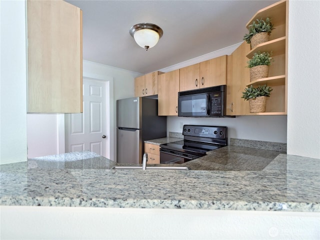 4350 W Lake Sammamish Pkwy SE Unit 133, Issaquah, WA 98027 - kitchen with black appliances, light brown cabinetry, open shelves, and light stone counters