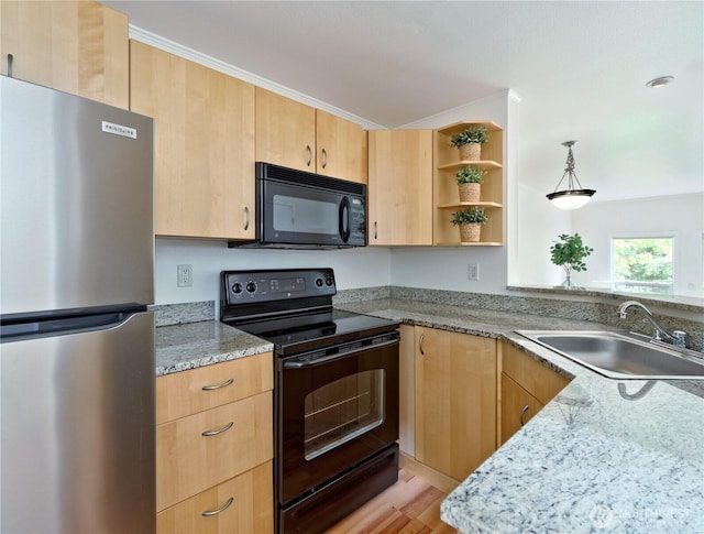 4350 W Lake Sammamish Pkwy SE Unit 133, Issaquah, WA 98027 - kitchen with black appliances, light brown cabinetry, a sink, open shelves, and crown molding