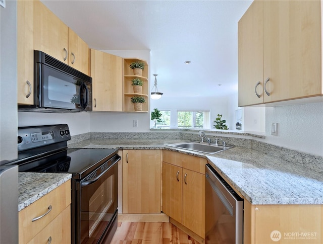 4350 W Lake Sammamish Pkwy SE Unit 133, Issaquah, WA 98027 - kitchen featuring black appliances, light brown cabinetry, a sink, open shelves, and light stone counters