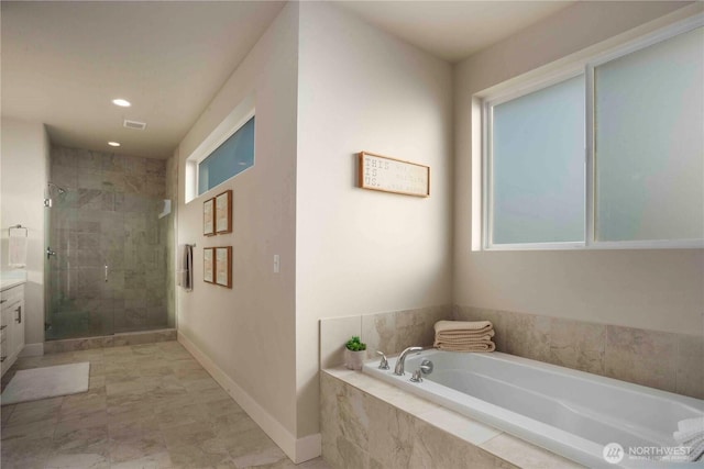 full bathroom with a garden tub, a shower stall, vanity, baseboards, and recessed lighting