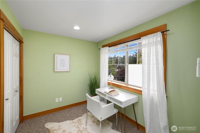 office space with carpet flooring, recessed lighting, and baseboards
