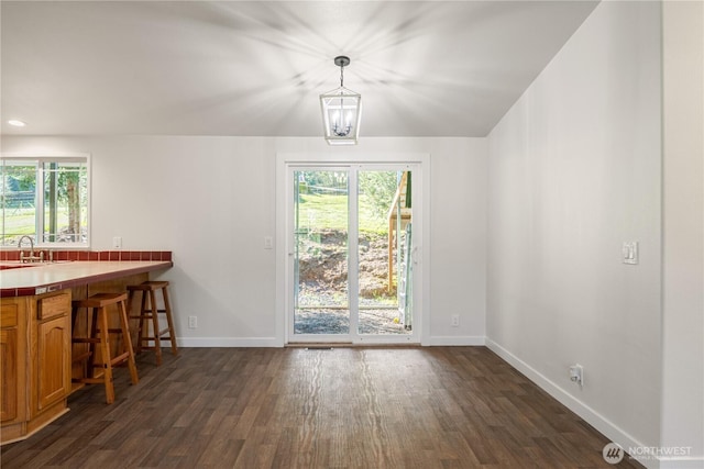 unfurnished dining area featuring baseboards, a healthy amount of sunlight, and dark wood-style floors