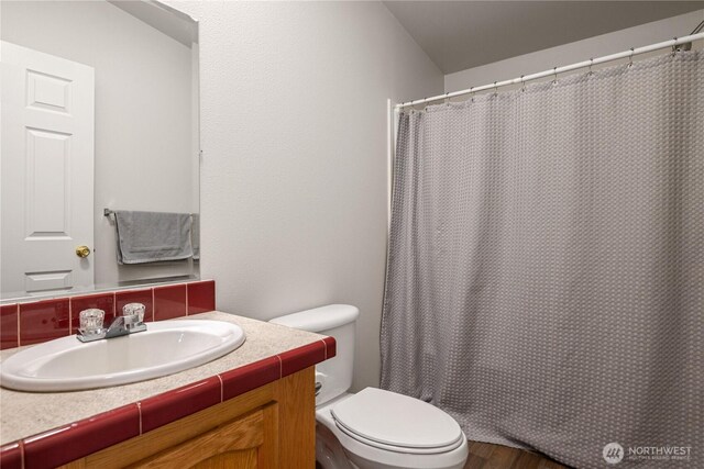 bathroom with wood finished floors, vanity, a shower with shower curtain, and toilet