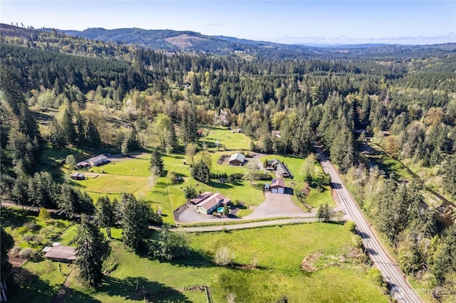 drone / aerial view with a mountain view and a view of trees