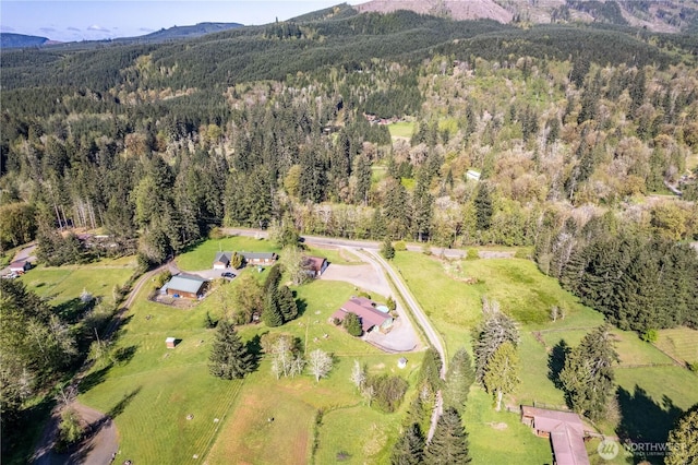 birds eye view of property with a forest view and a mountain view