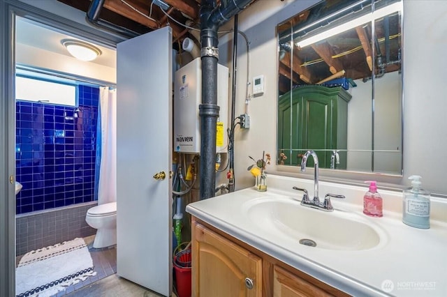 5015 SW Prince St, Seattle, WA 98116 - bathroom with tiled shower, toilet, vanity, tankless water heater, and wood finished floors