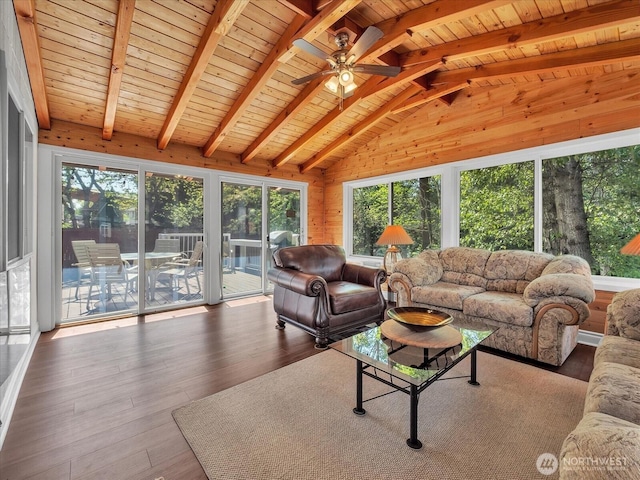 living room featuring wooden ceiling, lofted ceiling with beams, a ceiling fan, and wood-type flooring