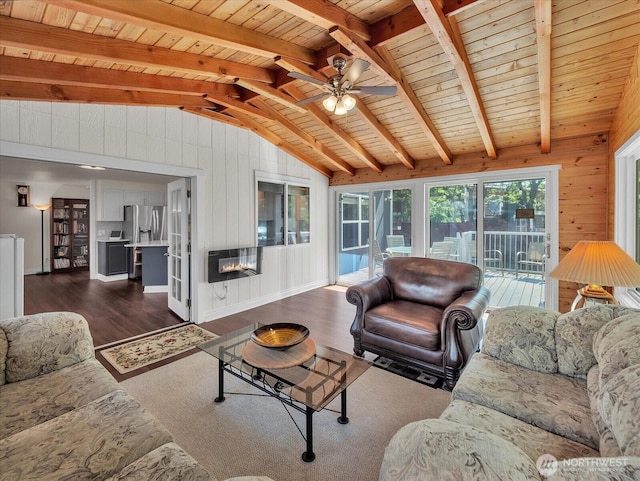 living area with wood ceiling, lofted ceiling with beams, dark wood-style flooring, and wood walls