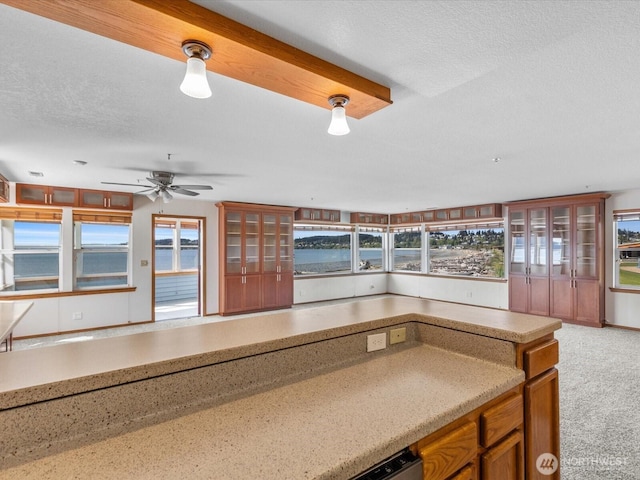 kitchen featuring ceiling fan, a textured ceiling, and light countertops