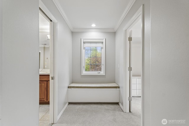4952 160th Ct SE, Bellevue, WA 98006 - corridor featuring light colored carpet, baseboards, ornamental molding, and recessed lighting
