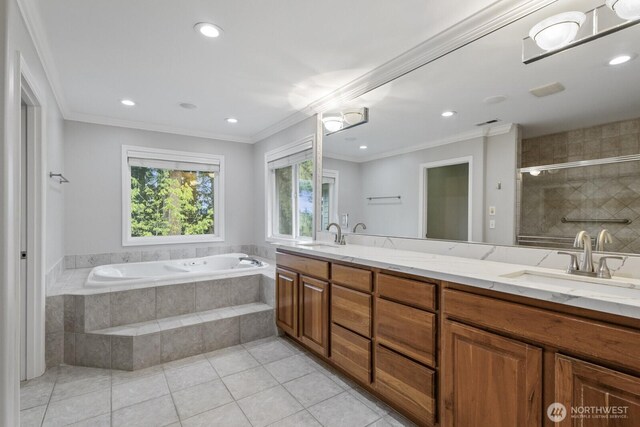 4952 160th Ct SE, Bellevue, WA 98006 - bathroom with a stall shower, a sink, tile patterned floors, a garden tub, and double vanity