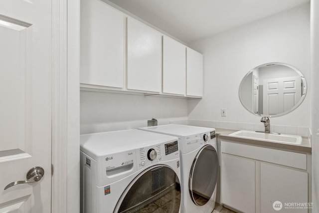 4952 160th Ct SE, Bellevue, WA 98006 - laundry room featuring independent washer and dryer, cabinet space, and a sink