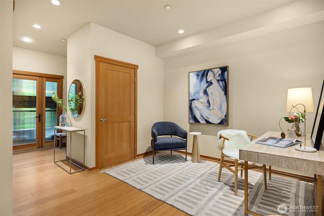 home office featuring recessed lighting, light wood-style flooring, and baseboards