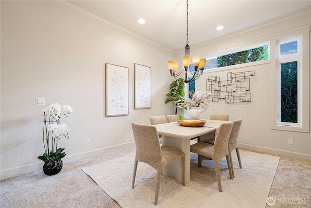 17288 NE 120th Way, Redmond, WA 98052 - dining space with light colored carpet, baseboards, a chandelier, ornamental molding, and recessed lighting