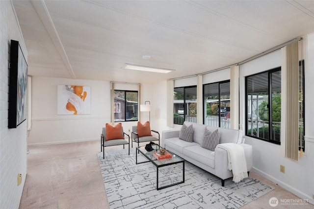 living area featuring baseboards and carpet floors