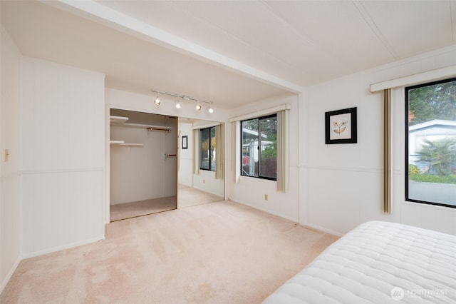 unfurnished bedroom with carpet floors, rail lighting, and a closet