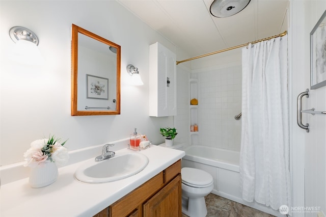 bathroom featuring shower / bath combination with curtain, vanity, and toilet