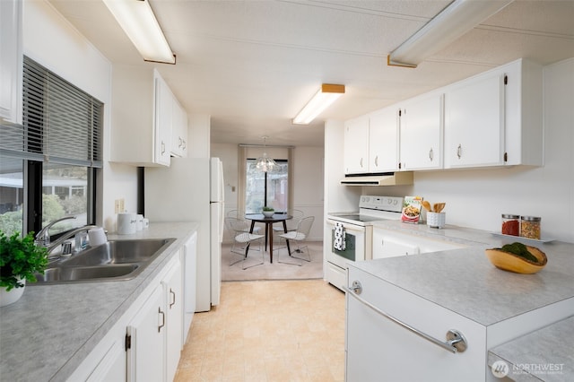 kitchen featuring a sink, white appliances, light countertops, white cabinets, and under cabinet range hood