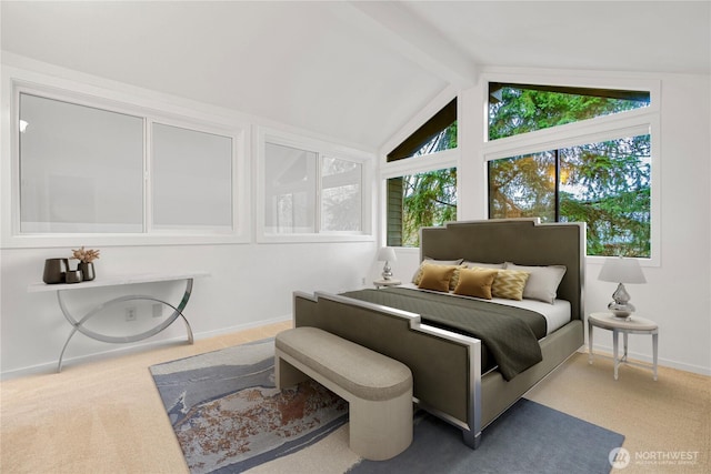 carpeted bedroom featuring baseboards and vaulted ceiling with beams