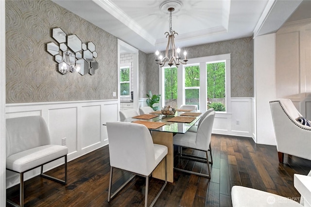 501 125th Ave NE, Lake Stevens, WA 98258 - dining room featuring dark wood-style flooring, a wainscoted wall, a chandelier, and wallpapered walls