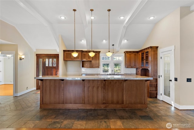 44 Alpine Ln, Okanogan, WA 98840 - kitchen with baseboards, brown cabinetry, light countertops, and recessed lighting