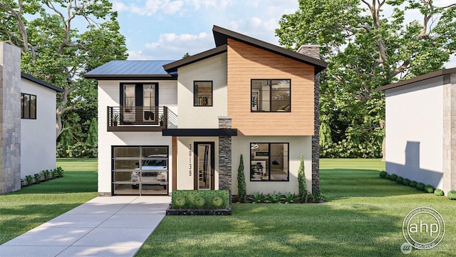 191XX Church Lake Rd E, Bonney Lake, WA 98391 - contemporary house featuring a balcony, a front lawn, stucco siding, and a chimney