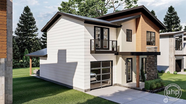 191XX Church Lake Rd E, Bonney Lake, WA 98391 - rear view of property with a balcony, a lawn, stone siding, and stucco siding