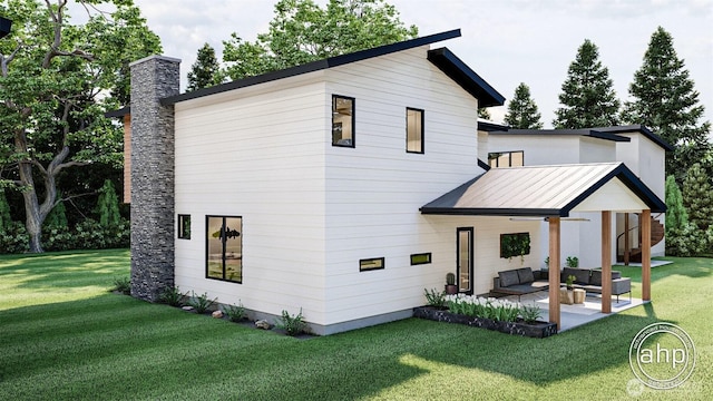191XX Church Lake Rd E, Bonney Lake, WA 98391 - back of house with a patio, a yard, a chimney, and outdoor lounge area