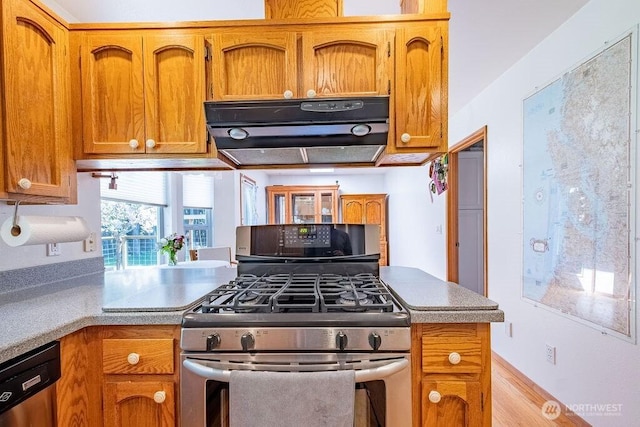 kitchen with brown cabinets, light wood finished floors, ventilation hood, and appliances with stainless steel finishes