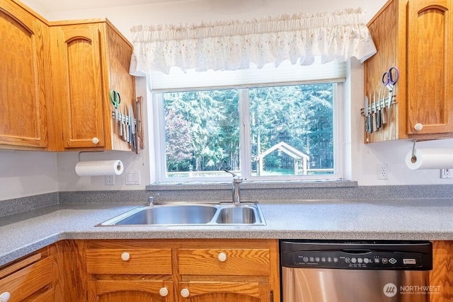 kitchen featuring dishwasher, a wealth of natural light, a sink, and light countertops