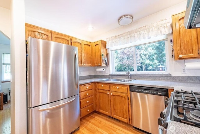 kitchen featuring brown cabinets, light wood-style flooring, stainless steel appliances, and a sink