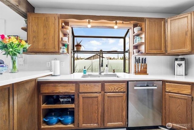 5752 Ronnie Hill Ln, Ferndale, WA 98248 - kitchen with open shelves, light countertops, stainless steel dishwasher, a sink, and decorative backsplash