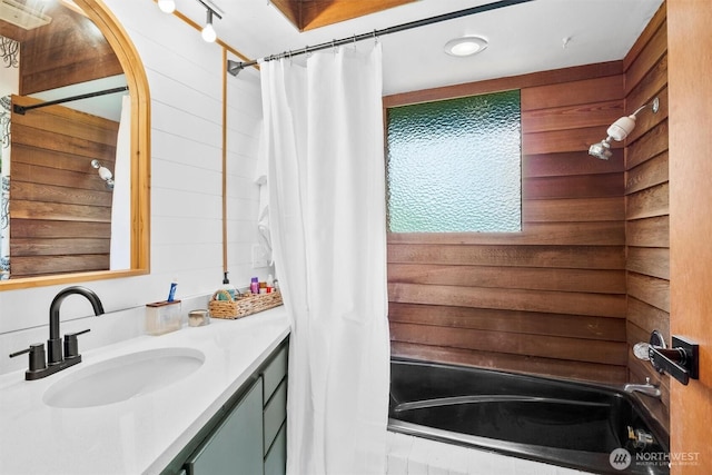5752 Ronnie Hill Ln, Ferndale, WA 98248 - bathroom with a bath, wood walls, vanity, and a shower with shower curtain