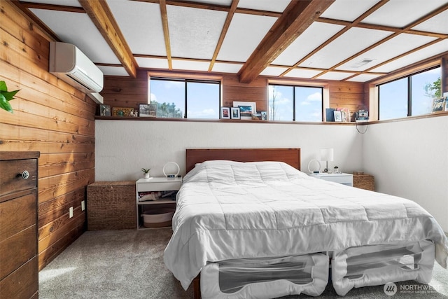 5752 Ronnie Hill Ln, Ferndale, WA 98248 - bedroom featuring wooden walls, a wall mounted air conditioner, and carpet floors