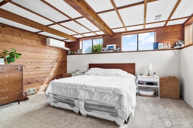 5752 Ronnie Hill Ln, Ferndale, WA 98248 - carpeted bedroom featuring wooden walls, visible vents, and a wall mounted air conditioner