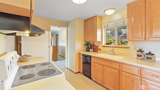 kitchen featuring a sink, white appliances, light countertops, island exhaust hood, and light floors
