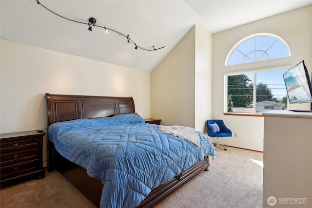 carpeted bedroom featuring vaulted ceiling