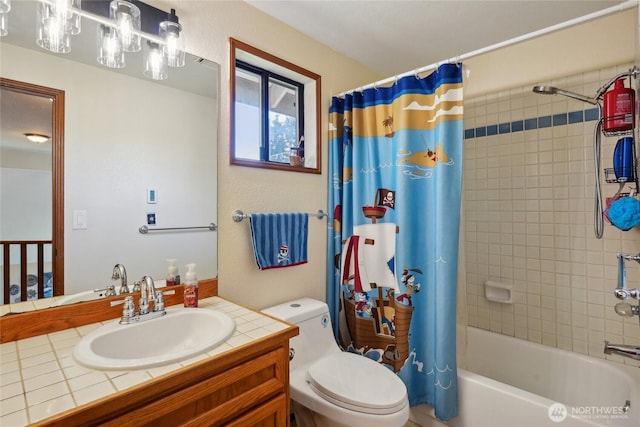 bathroom with shower / bath combo with shower curtain, toilet, and vanity