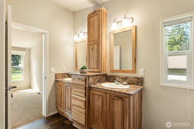 full bath with baseboards, wood finished floors, a sink, and double vanity