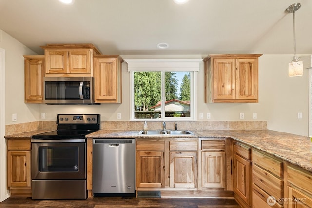 kitchen featuring light brown cabinetry, dark wood-style floors, visible vents, a sink, and appliances with stainless steel finishes
