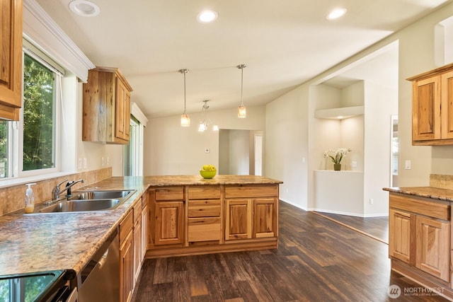 kitchen featuring a peninsula, stainless steel dishwasher, a sink, dark wood-style flooring, and vaulted ceiling