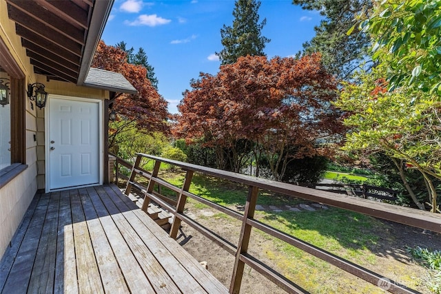 wooden terrace with a lawn and a fenced backyard