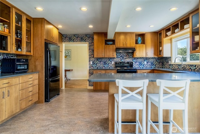 kitchen with recessed lighting, decorative backsplash, a toaster, open shelves, and black appliances